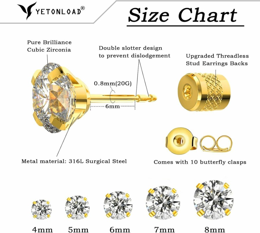 Yetonload 5-6 Pairs Push-In Flat Back Stud Earrings Hypoallergenic Surgical Stainless Steel Cubic Zirconia Earrings Studs Set Multi-Pack, Cz Stud Earrings For Women Men Trendy Cartilage Stud Earrings 2-8Mm | Earrings