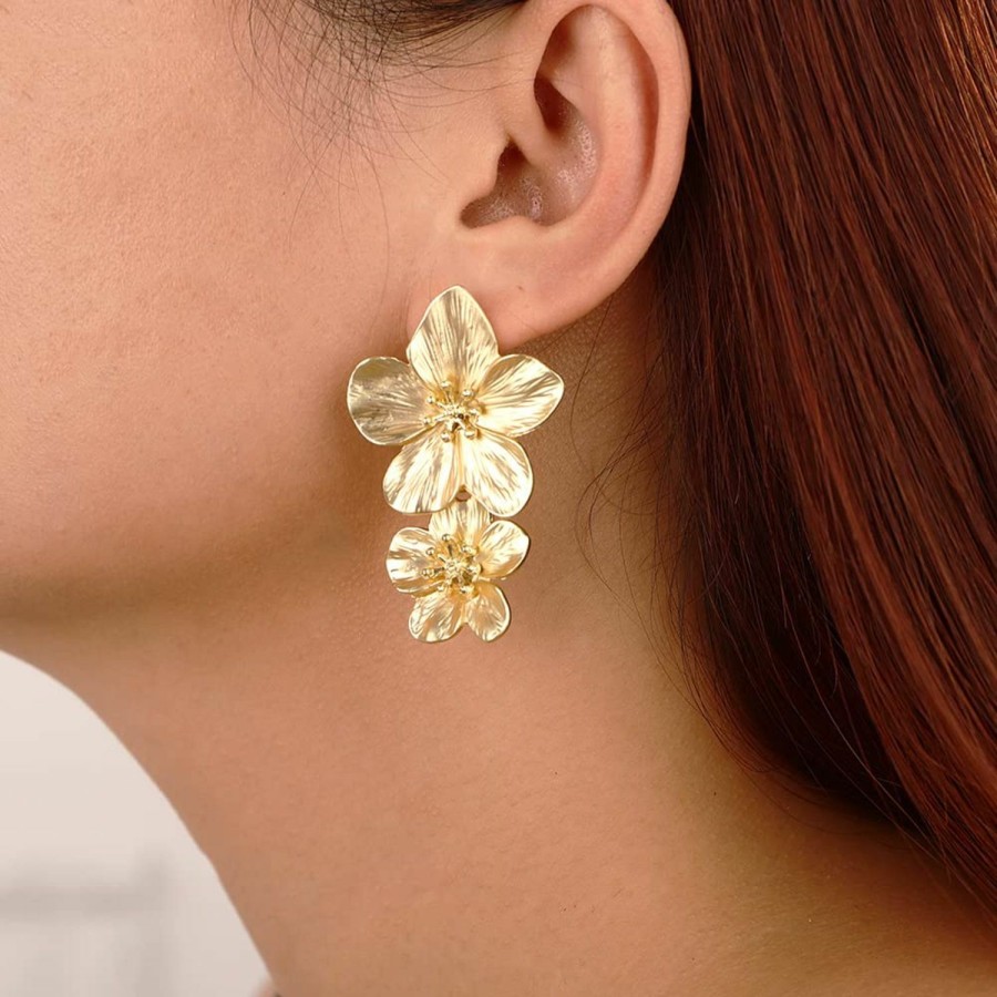 Wiwpar Wiwpar Gold Large Double Flower Earrings For Women Boho Statement Flower Earrings Bohemian Gold Elegant Chic Flower Dangle Earrings Unique Flower Jewelry Gift | Earrings