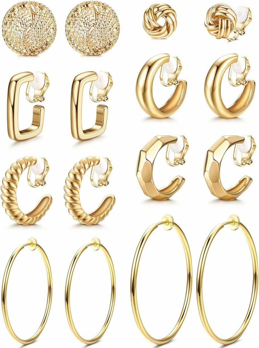 THUNARAZ Thunaraz 8 Pairs Gold Clip On Earrings For Women 14K Gold Plated Chunky Clip On Hoop Earrings Non Pierced Fashion Fake Hoops Earings Jewelry Set | Earrings