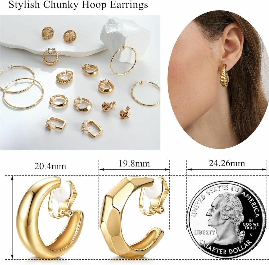 THUNARAZ Thunaraz 8 Pairs Gold Clip On Earrings For Women 14K Gold Plated Chunky Clip On Hoop Earrings Non Pierced Fashion Fake Hoops Earings Jewelry Set | Earrings