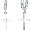 SIMPLGIRL 925 Sterling Silver Dainty Cross Huggie Hoop Earrings, Minimalist Cross Charm Dangle Drop Earrings Dainty Cross Hoop Earrings Women Men | Earrings