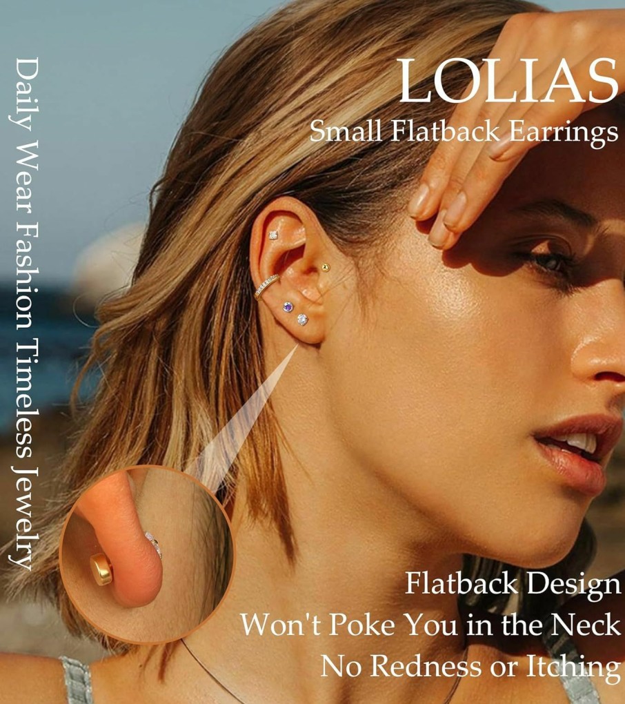 LOLIAS Lolias Hypoallergenic Surgical Steel Earrings For Sensitive Ears-20G Flat Back Earrings For Women Men-Small Stainless Steel Earrings Studs Hoop Cartilage Earring Opal Ball Cz Flatback Earrings | Earrings