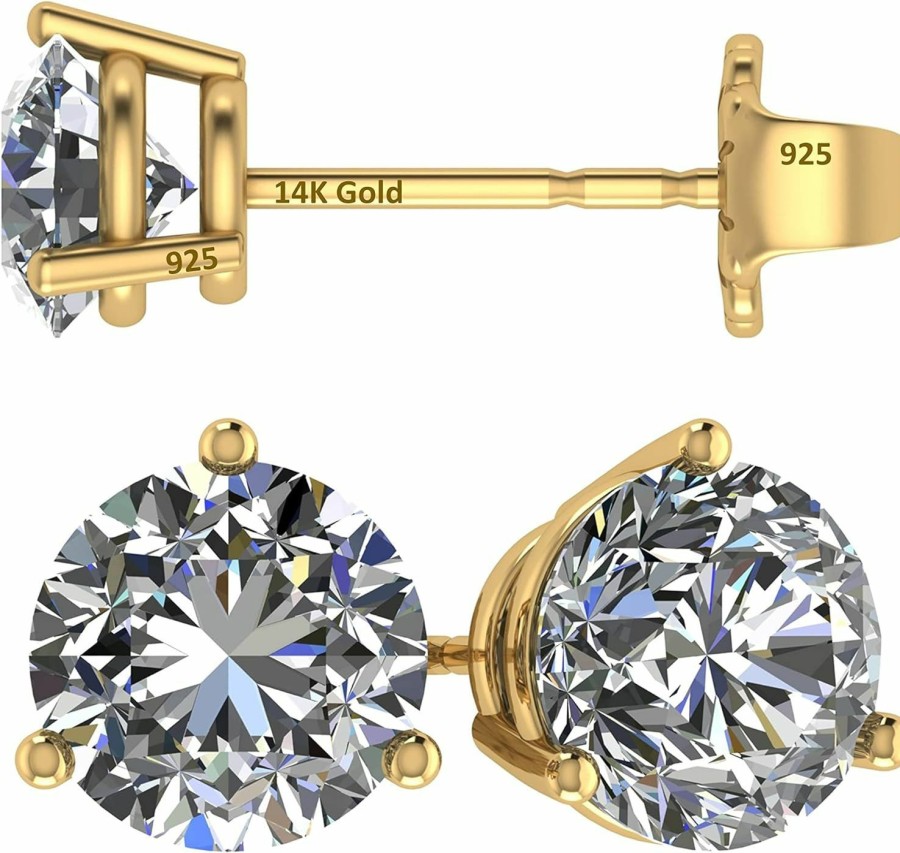 Central Diamond Center 14K Gold Post & Sterling Silver Pure Brilliance Zirconia 3 Prong Martini Style Stud Earrings 1.0Ct To 4Ct | Earrings