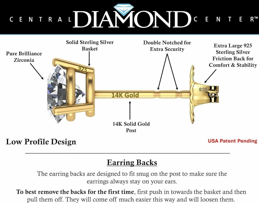 Central Diamond Center 14K Gold Post & Sterling Silver Pure Brilliance Zirconia 3 Prong Martini Style Stud Earrings 1.0Ct To 4Ct | Earrings