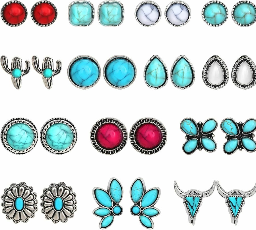 NEWITIN Newitin 14 Pairs Turquoise Stud Earrings For Women Hypoallergenic Earrings Turquoise Jewelry Gemstone Oval Round Flower Shape Square Studs Turquoise Earrings For Women Girls | Earrings