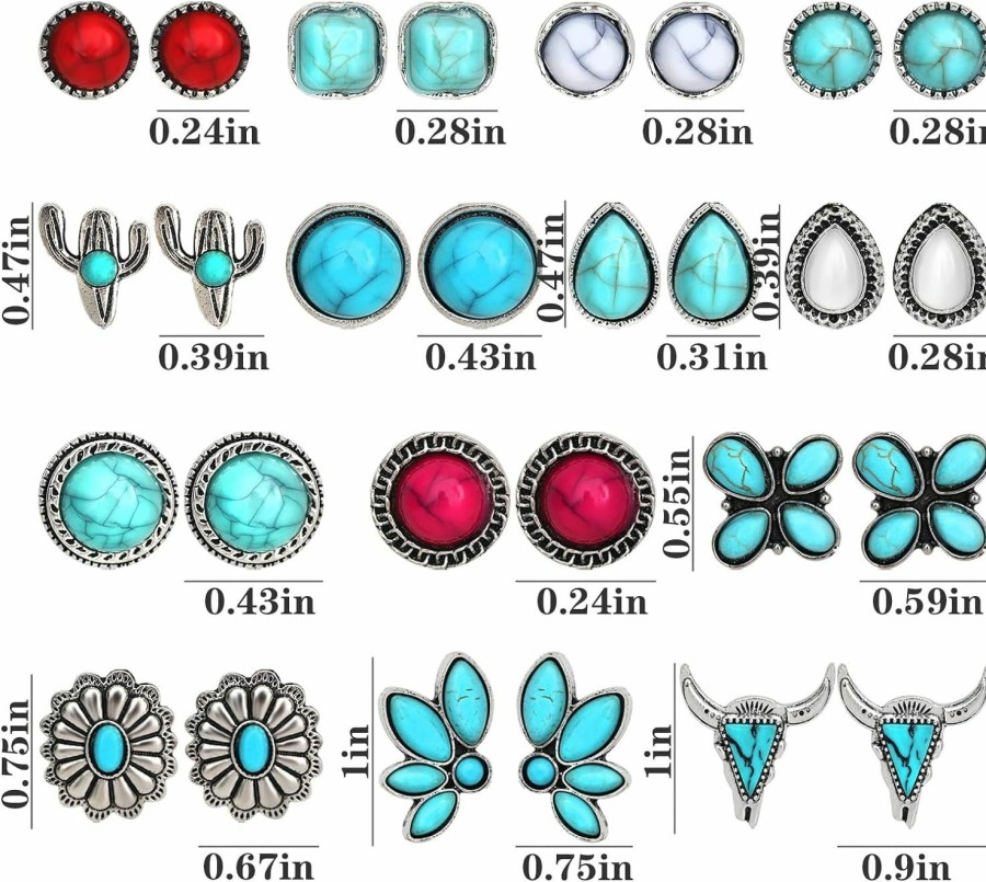 NEWITIN Newitin 14 Pairs Turquoise Stud Earrings For Women Hypoallergenic Earrings Turquoise Jewelry Gemstone Oval Round Flower Shape Square Studs Turquoise Earrings For Women Girls | Earrings