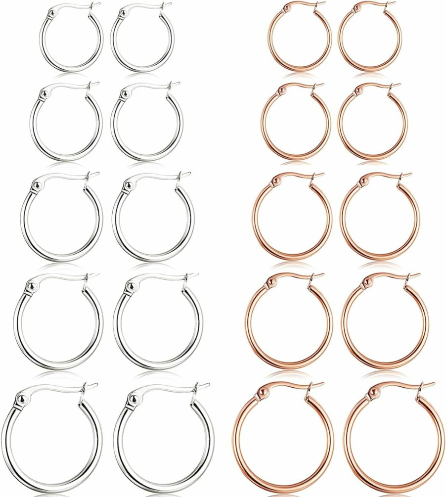 BMMYE 5-10 Pairs Silver Gold Hoop Earrings For Women, Small Stainless Steel Hypoallergenic Earrings Set Mens Girls Lightweight Nickel Free Cartilage Earings | Earrings