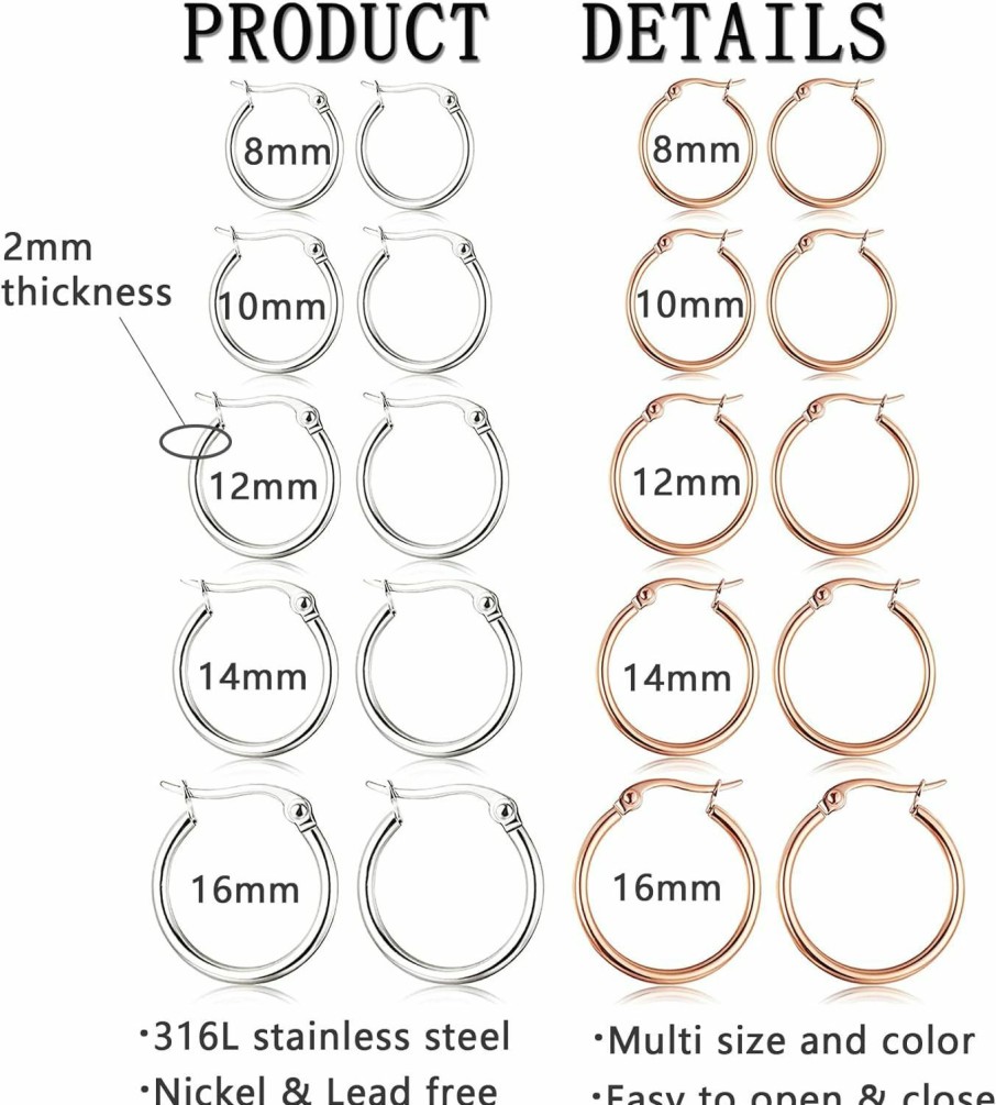 BMMYE 5-10 Pairs Silver Gold Hoop Earrings For Women, Small Stainless Steel Hypoallergenic Earrings Set Mens Girls Lightweight Nickel Free Cartilage Earings | Earrings