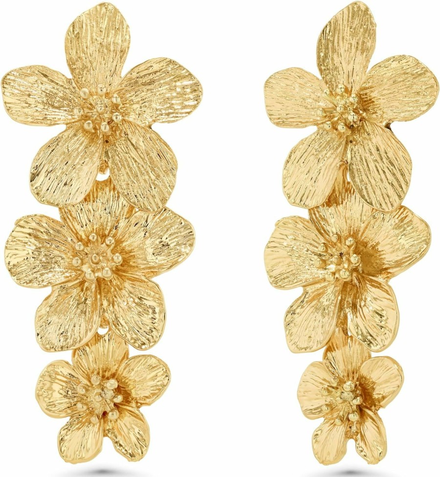 SNGIA Gold Triple Flower Earrings, Yellow Gold, Yellow Gold | Earrings