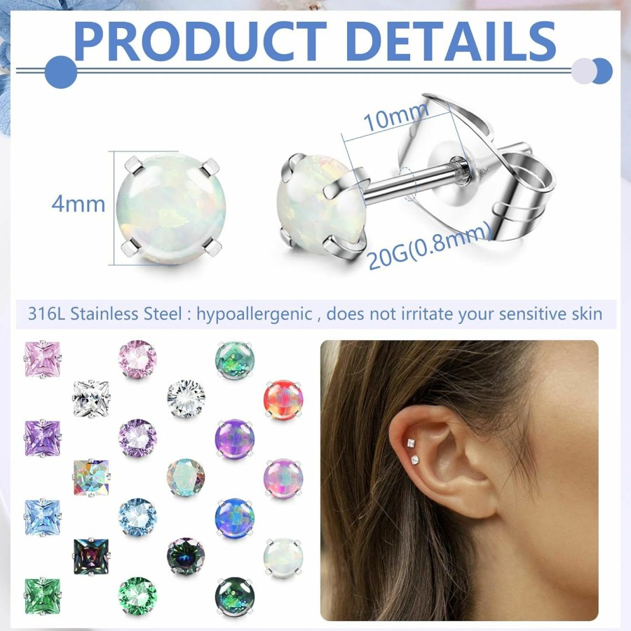 YADOCA Yadoca 21 Pairs Hypoallergenic Surgical Steel Stud Earrings For Women Men Tiny Small Cz Opal Moonstone Turquoise Earrings Studs Set Piercing Jewelry | Earrings