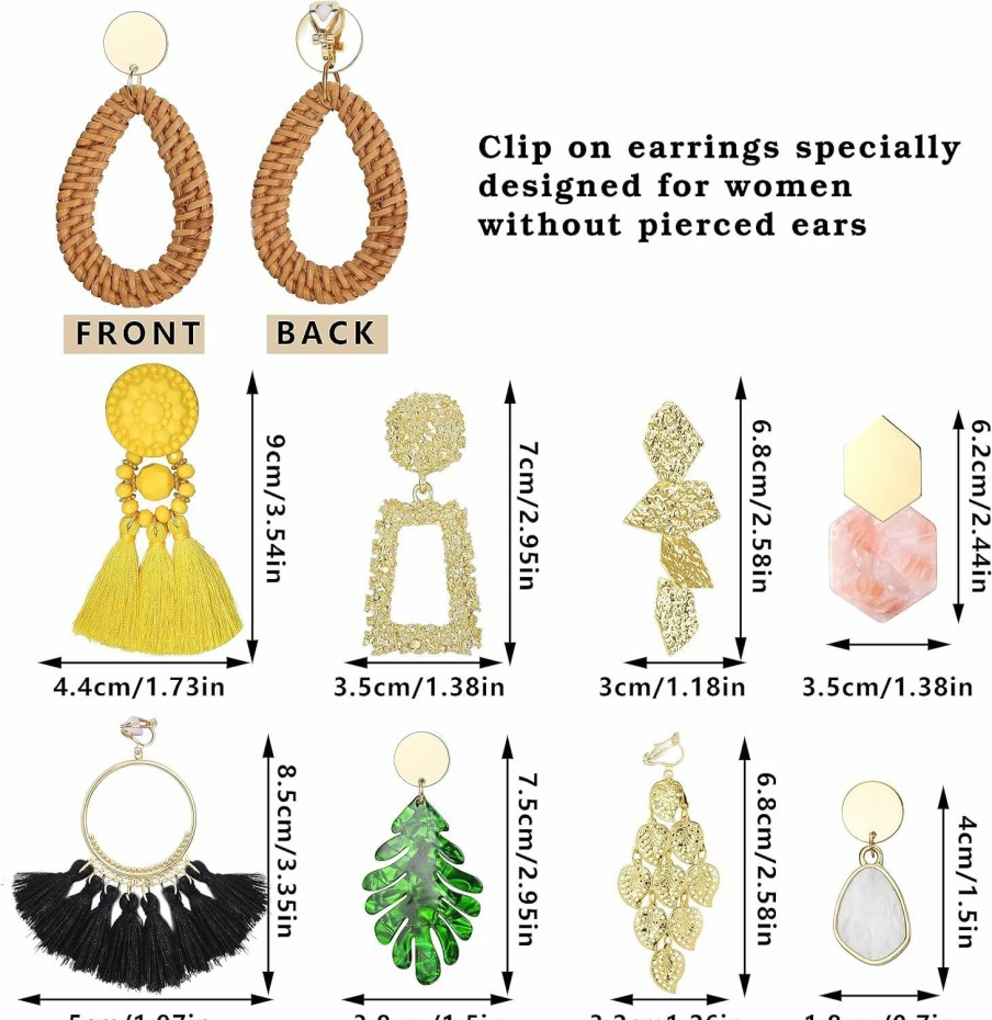 JeryWe Jerywe 9 Pairs Clip On Earrings For Women Fashion Rattan Acrylic Tassel Drop Dangle Earrings Set Lightweight Geometric Statement Bohemian Clip Earrings For Non Piercied | Earrings