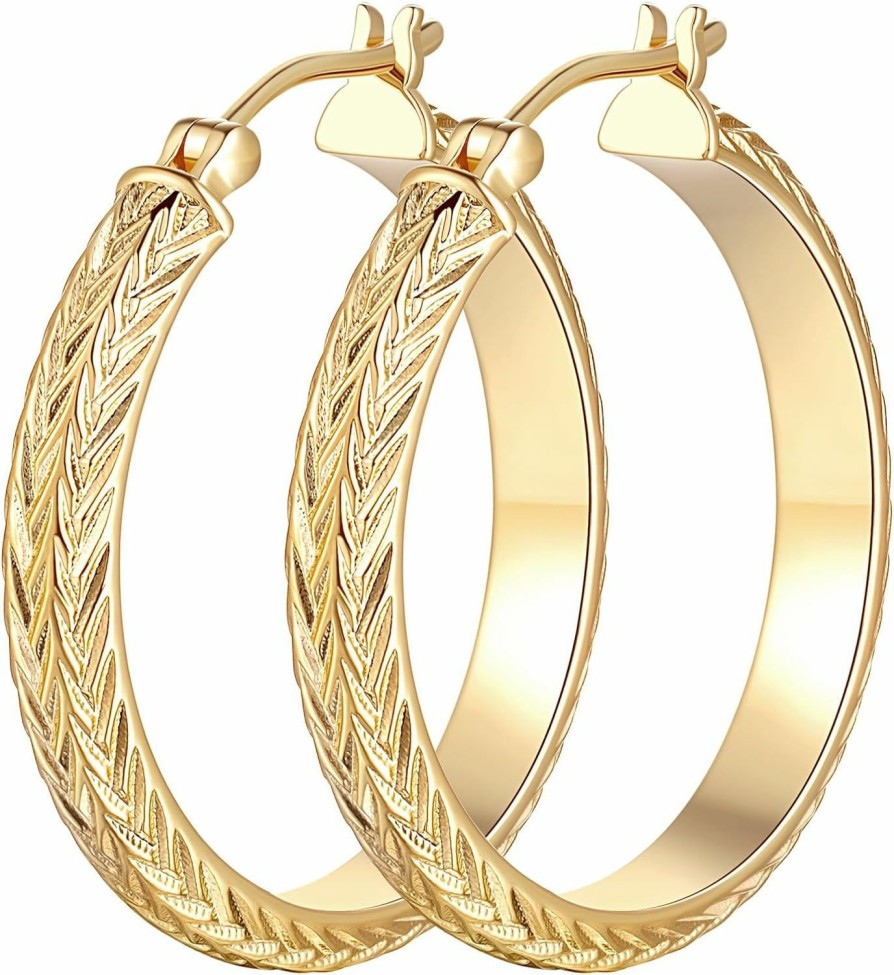 Aidomiya Aidomiya Gold Earrings 14K Gold Hoop Earrings For Women 14K Gold Earrings Large Chunky Gold Hoop Earrings With A V-Shaped Engraved Design Gold Earrings For Women'S Hoop Earrings 30Mm | Earrings