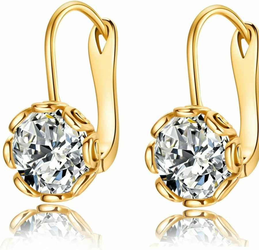 Diuruem Diuruem Round Crystal Flower Leverback Drop Earrings For Women 14K Gold Plated Sparkling Cubic Zirconia Elegant Diamond Dangle Earrings | Earrings