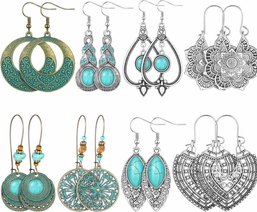 Hicarer 8 Pairs Bohemian Earrings For Women Dangle Earrings Retro Metal Hollow Earrings Boho Hoop Earrings Set | Earrings