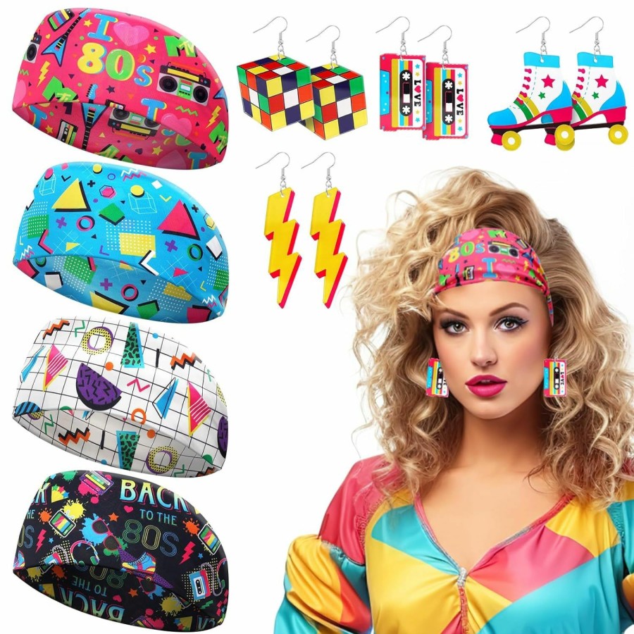 Yussti Yussti 80S 90S 4 Pairs Retro Earrings & 4 Pcs Headbands 80S Stylish Accessories For Women Girl Neon Earrings Cassette Tape Acrylic Drop Dangle 90S Hair Accessories Vintage Headbands Soft Elastic Sweat | Earrings