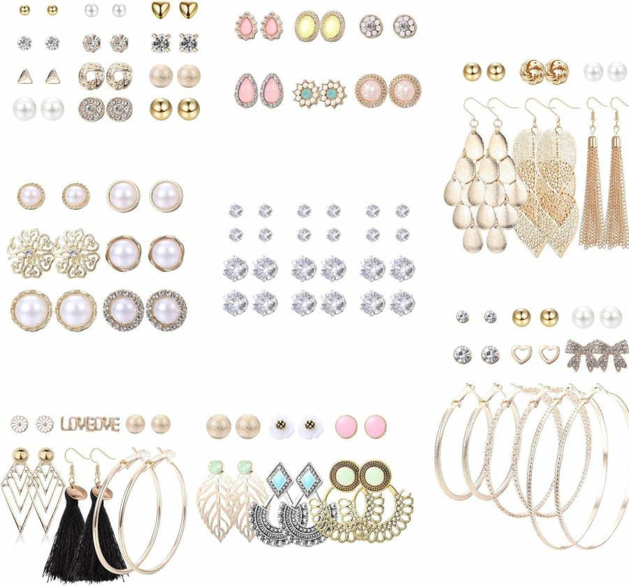 LOYALLOOK Loyallook 61-63 Pairs Assorted Multiple Stud Earrings For Women Simple Cute Flower Big Hoop Earrings Moon Geometric Leaf Arrow Bow Cz Ball Heart Faux Pearl Earrings Set | Earrings