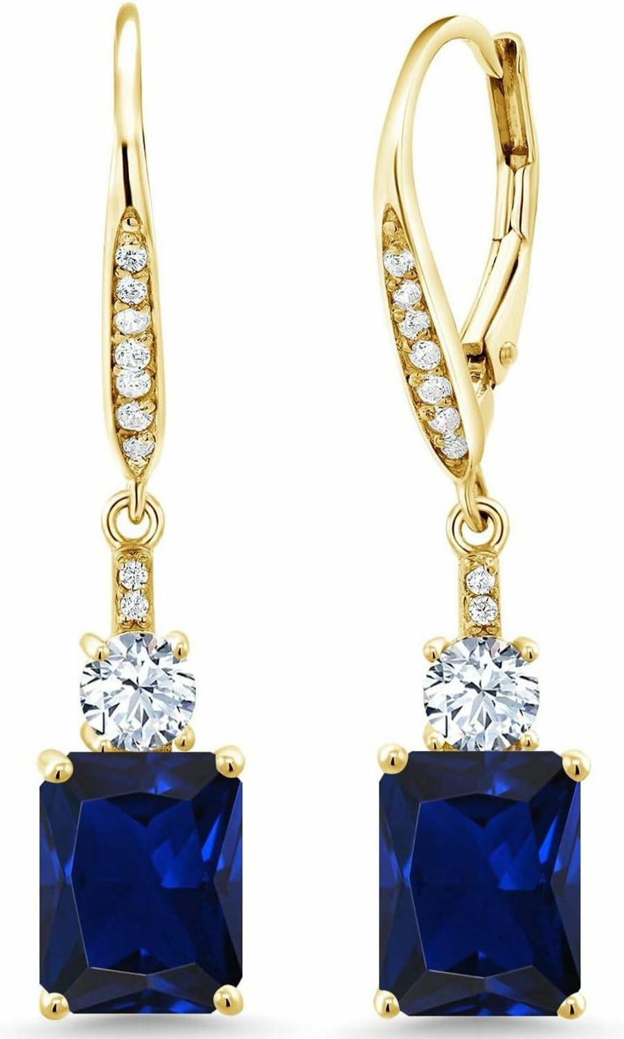 Gem Stone King Gem Stone King 18K Yellow Gold Plated Silver Blue Created Sapphire Dangle Earrings For Women (5.40 Cttw, Gemstone September Birthstone, Octagon 9X7Mm) | Earrings