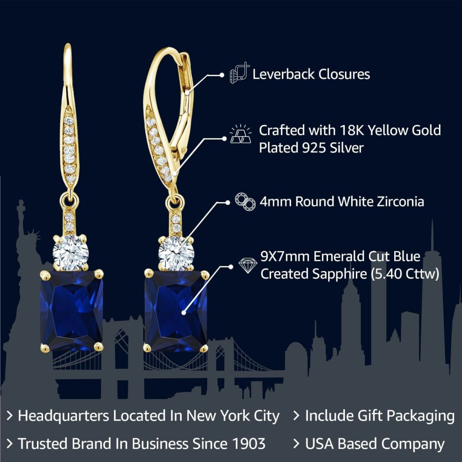 Gem Stone King Gem Stone King 18K Yellow Gold Plated Silver Blue Created Sapphire Dangle Earrings For Women (5.40 Cttw, Gemstone September Birthstone, Octagon 9X7Mm) | Earrings