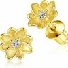 FINELOVE 14K Gold Plated 925 Sterling Silver Post Cubic Zirconia Rose Flower Stud Earrings For Women | Hypoallergenic & Nickel Free Earrings For Women | Earrings