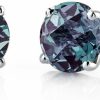 PEORA Peora Solid 14K White Gold Created Alexandrite Earrings For Women, Color-Changing Solitaire Studs, Round Shape 2 Carats Total, Aaa Grade Friction Back | Earrings