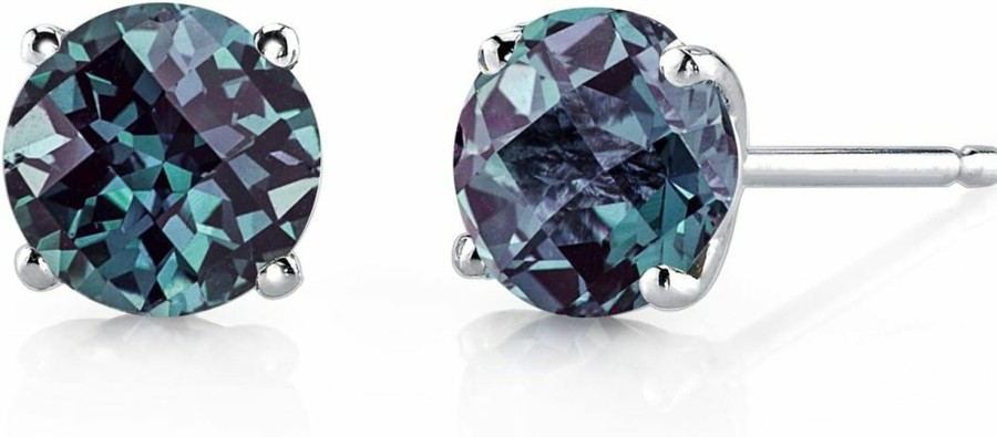 PEORA Peora Solid 14K White Gold Created Alexandrite Earrings For Women, Color-Changing Solitaire Studs, Round Shape 2 Carats Total, Aaa Grade Friction Back | Earrings