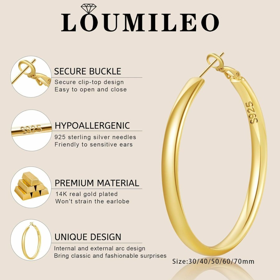 LOUMILEO Loumileo S925 Sterling Silver Hoop Earrings 5Mm Wide Silver Hoop Earrings For Women Hypoallergenic Large Silver Hoop Earrings Lightweight Big Hoop Earrings For Women (30/40/50/60/70Mm) | Earrings