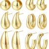 FANDY Chunky Gold Hoop Earrings Set For Women, 3 Pairs/ 6 Pairs Gold Teardrop Open Hollow Hoops, 14K Gold Plated Hypoallergenic Earrings Set For Gift | Earrings