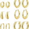 17KM 12 Pairs Chunky Gold Hoop Earrings Set For Women Trendy, 14K Gold Plated Lightweight Hypoallergenic Dainty Small Stud Huggie Hoop Earrings Pack For Sensitive Ears | Earrings