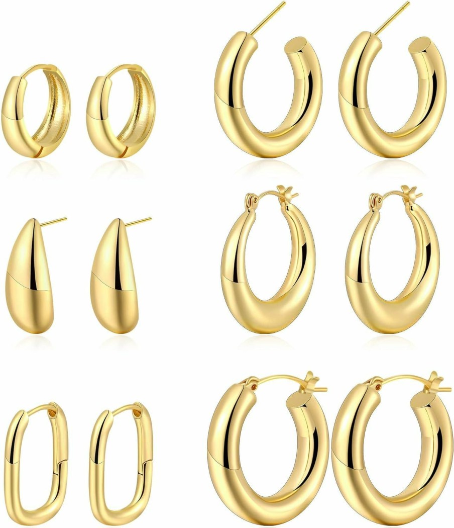 17KM 12 Pairs Chunky Gold Hoop Earrings Set For Women Trendy, 14K Gold Plated Lightweight Hypoallergenic Dainty Small Stud Huggie Hoop Earrings Pack For Sensitive Ears | Earrings