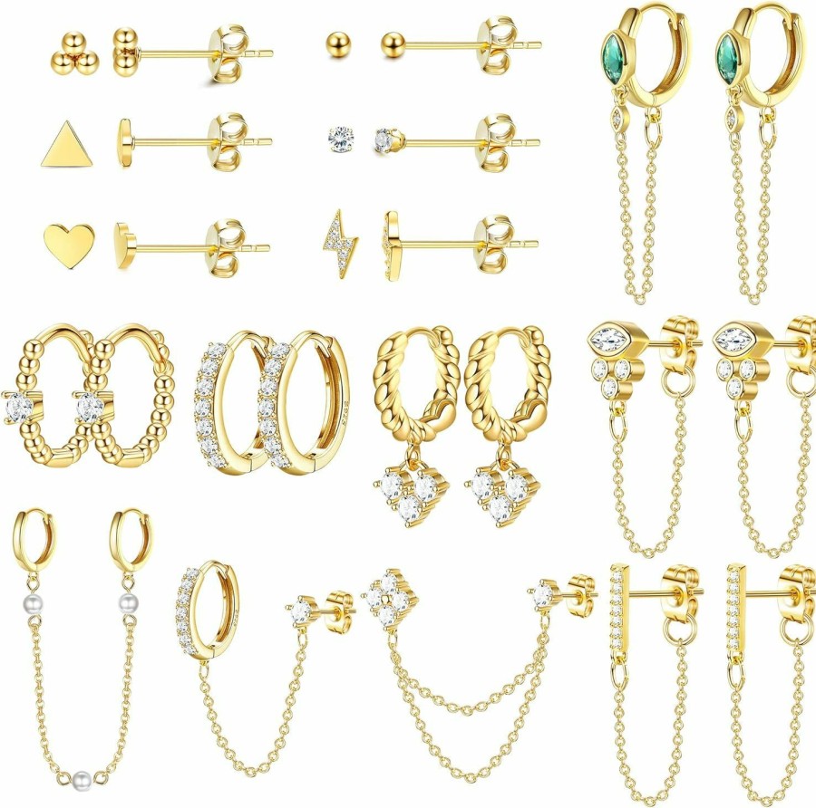 Besteel Besteel 27Pcs 14K Gold Plated Huggie Hoop Stud Earrings Set For Women | Fashion Hypoallergenic Small Dainty Dangle Chain Earrings For Multiple Piercing, Minimalist Cz Ball Mini Cartilage Stud Earrings | Earrings