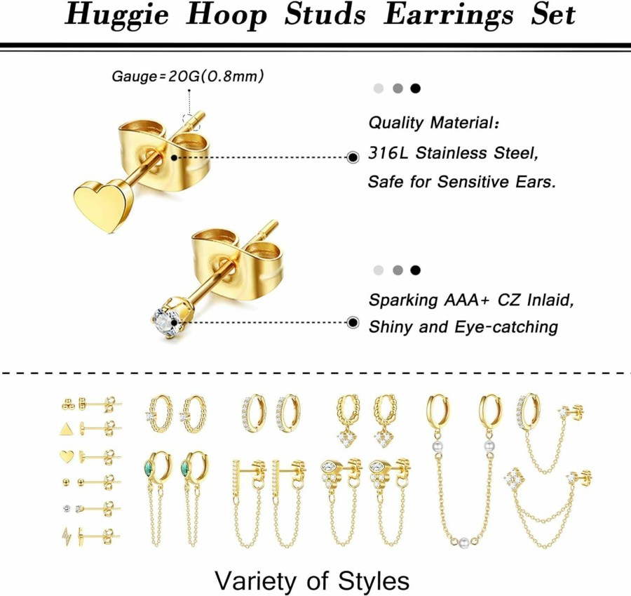 Besteel Besteel 27Pcs 14K Gold Plated Huggie Hoop Stud Earrings Set For Women | Fashion Hypoallergenic Small Dainty Dangle Chain Earrings For Multiple Piercing, Minimalist Cz Ball Mini Cartilage Stud Earrings | Earrings