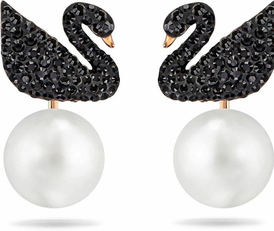 SWAROVSKI Swarovski Iconic Swan Necklace And Earrings Collection, Rose Gold Tone Finish, Black Crystals | Earrings