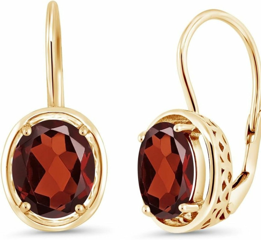 Gem Stone King Gem Stone King Red Garnet 18K Yellow Gold Plated Silver Dangle Earrings For Women (3.60 Cttw, Gemstone Birthstone, Oval 9X7Mm) | Earrings