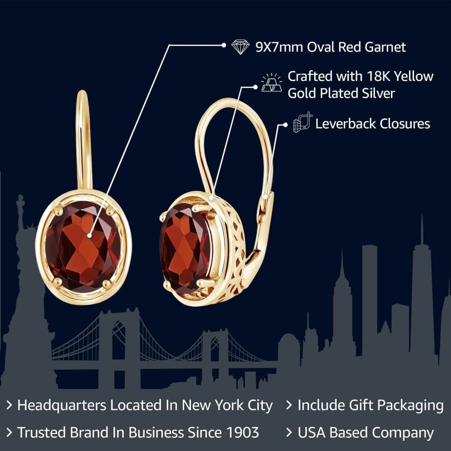 Gem Stone King Gem Stone King Red Garnet 18K Yellow Gold Plated Silver Dangle Earrings For Women (3.60 Cttw, Gemstone Birthstone, Oval 9X7Mm) | Earrings