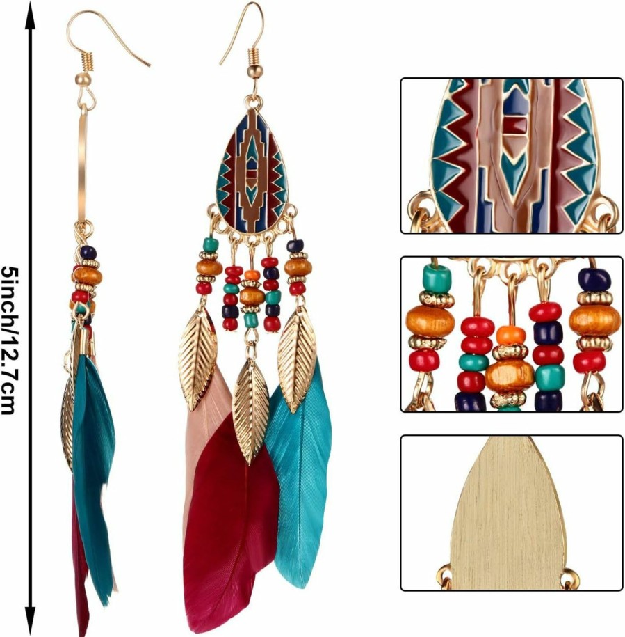 meekoo 6 Pairs Women Faux Feather Earrings Dream Catcher Earring Bohemian Fringe Tassel Long Drop Dangle Earrings Set With Design For Women | Earrings