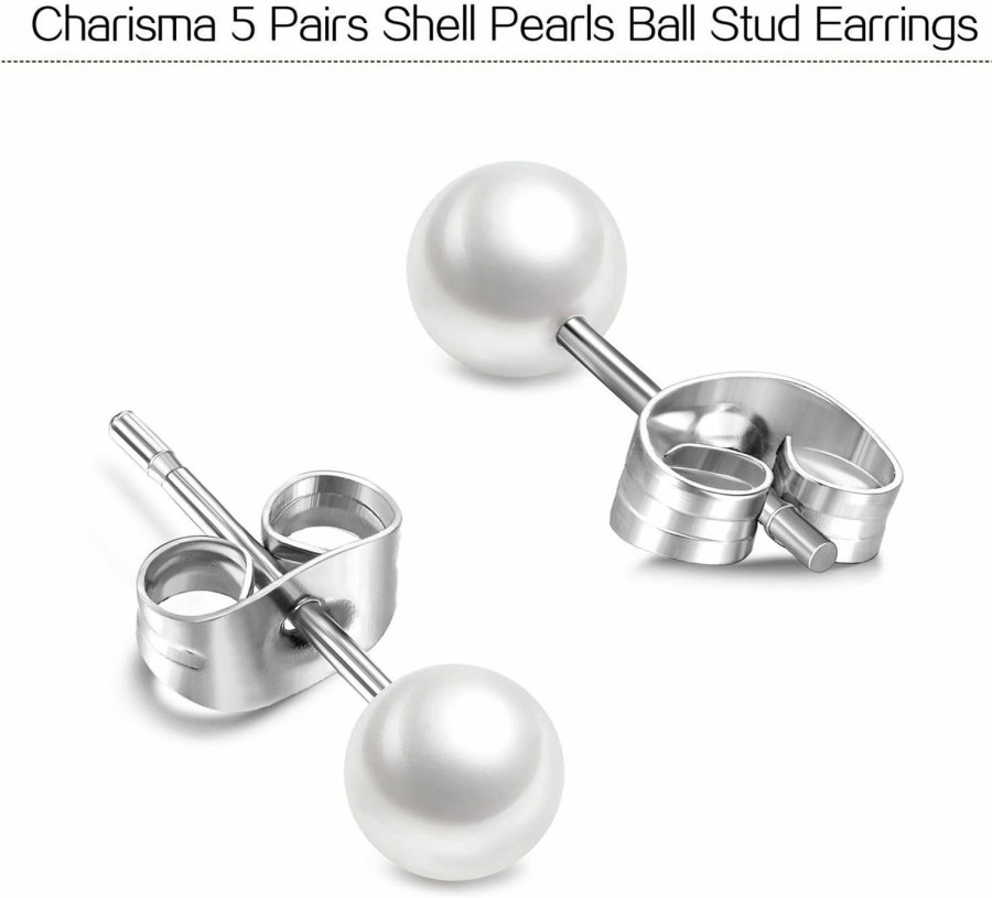 Charisma Charisma 3-7Mm Composite Pearl Earrings Round Ball Pearls Stud Earrings Hypoallergenic 5 Pairs Mixed Sizes Imitation Pearl Earrings Set For Girls Women | Earrings