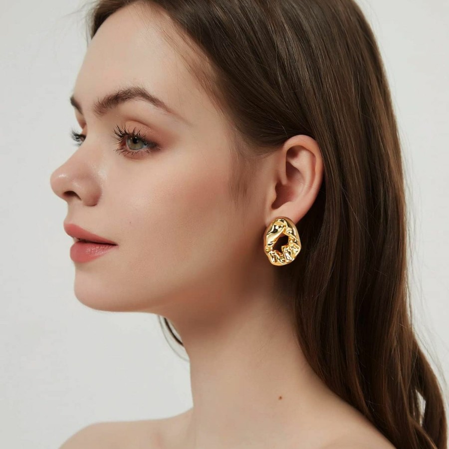 HESSAWELL Hessawell Gold Drop Earrings Geometric Hammered Hoop Earrings For Women Gold Statement Round Stud Earring Yellow Gold Vintage Dangle Earrings Fashion Jewelry Gifts | Earrings