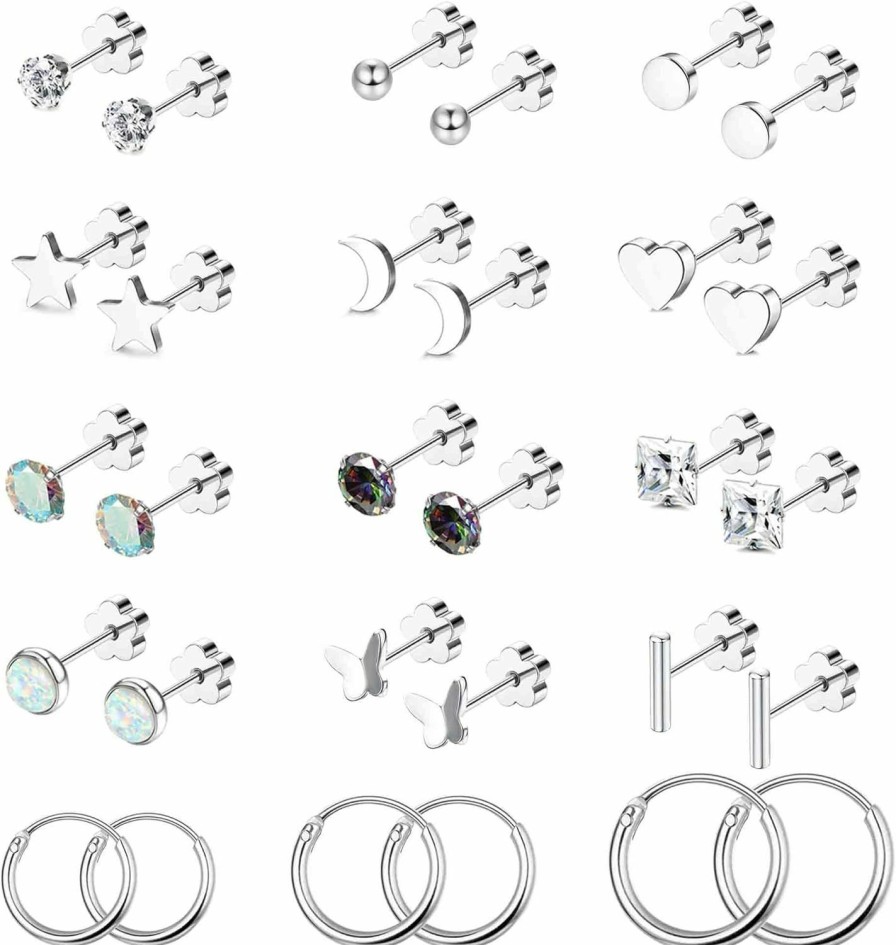 Staligue Staligue 15 Pairs Surgical Steel Earrings For Women Men Flat Back Earrings Hypoallergenic Opal Ball Cz Hoop 20 Gauge Earrings Sets For Multiple Piercing Jewelry | Earrings