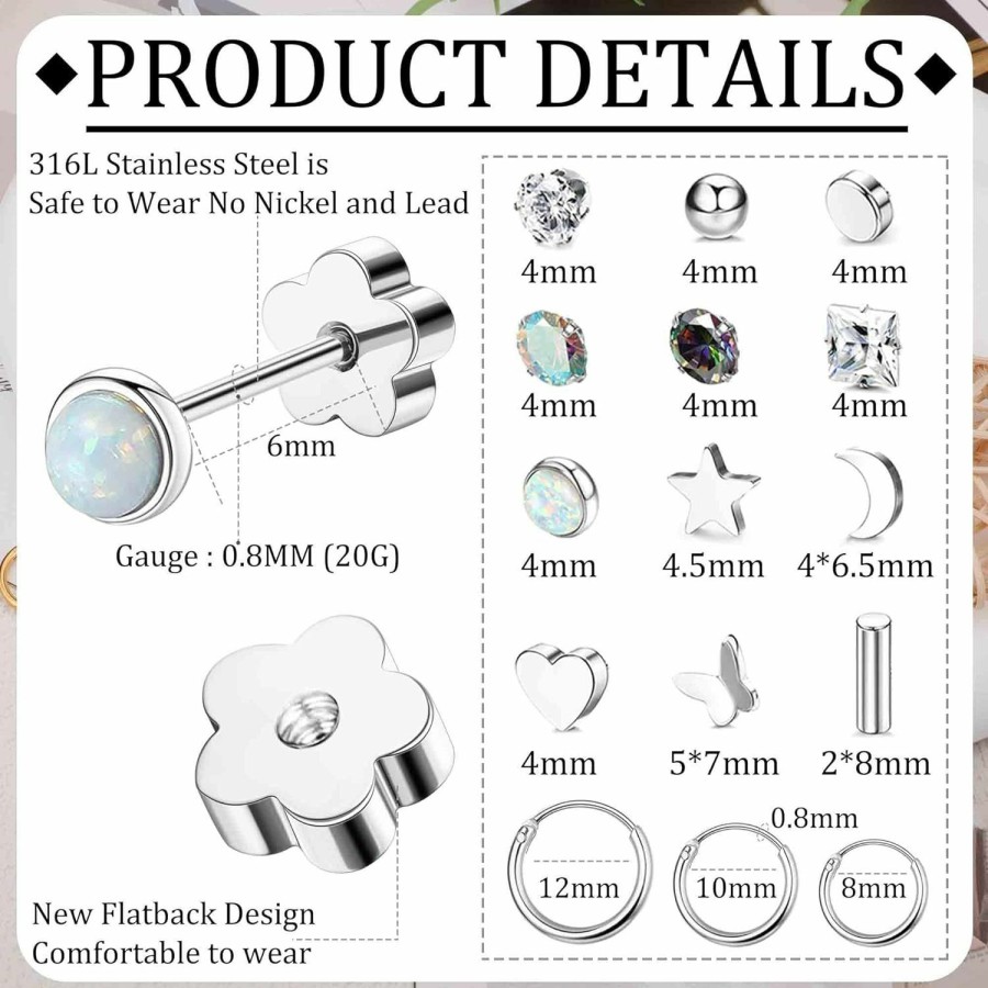 Staligue Staligue 15 Pairs Surgical Steel Earrings For Women Men Flat Back Earrings Hypoallergenic Opal Ball Cz Hoop 20 Gauge Earrings Sets For Multiple Piercing Jewelry | Earrings