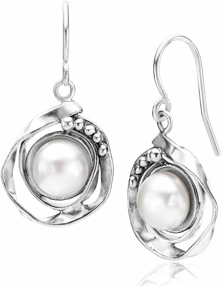 JEAN RACHEL JEWELRY 925 Sterling Silver Dangle Earrings W/Fresh Water Pearl, Oxidized, Stylish, Hypoallergenic, Nickel And Lead-Free, Artisan Handcrafted Designer Collection,French Wire Earring Back, Jewelry Gift For Her | Earrings