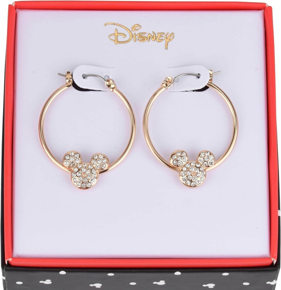 Disney Disney Mickey Mouse Hoop Earrings, Jewelry Gift Box, Gold Tone Enamel With Pave Stone Accent, 1.25" Drop, Clicktop Closure | Earrings