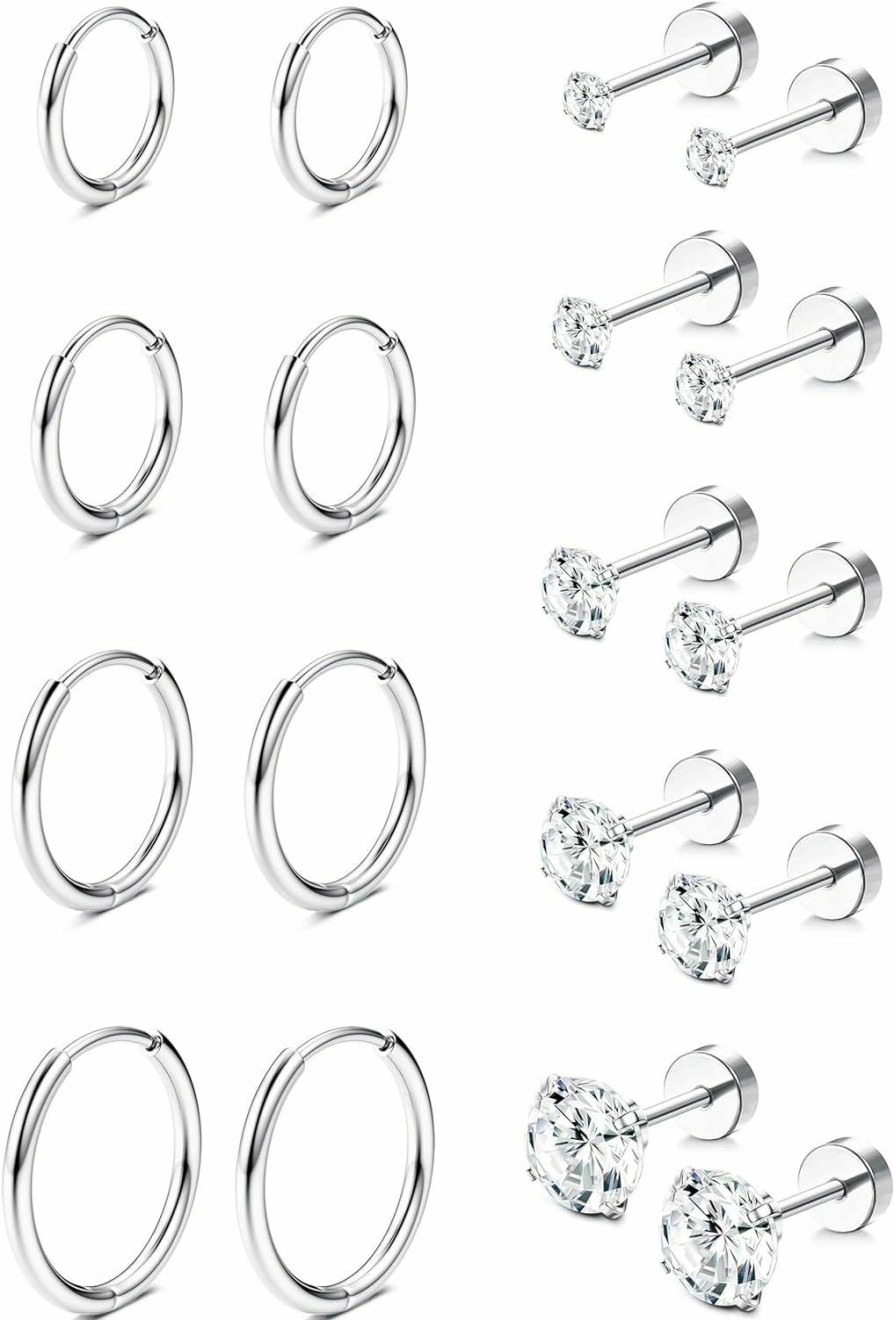 Jstyle Jstyle 9 Pairs Earrings Sets For Multiple Piercing Hypoallergenic 14K Gold Plated Small Huggie Hoop Earrings For Women Tiny Ball Cz Gold Flat Back Stud Earrings For Women Lobe Helix Cartilage Earrings | Earrings