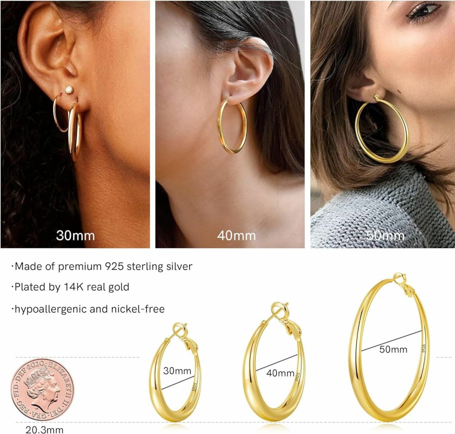 EXGOX Exgox Gold Large Hoop Earrings For Women 925 Sterling Silver Hoop Earrings Hypoallergenic Lightweight 14K Real Gold Plated Big Circle Hoop Earrings For Women Girls (30/40/50/60Mm) | Earrings