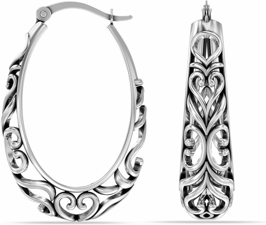 LeCalla Lecalla 925 Sterling Silver Hoop Earrings | 925 Silver Filigree Hoops Earring | Medium Oval Hoops For Women | Earrings