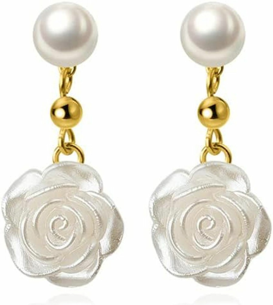 Reffeer Reffeer Solid 925 Sterling Silver Flower Drop Earrings Dangle For Women Girls Pearl Flower Drop Earrings Camellia | Earrings