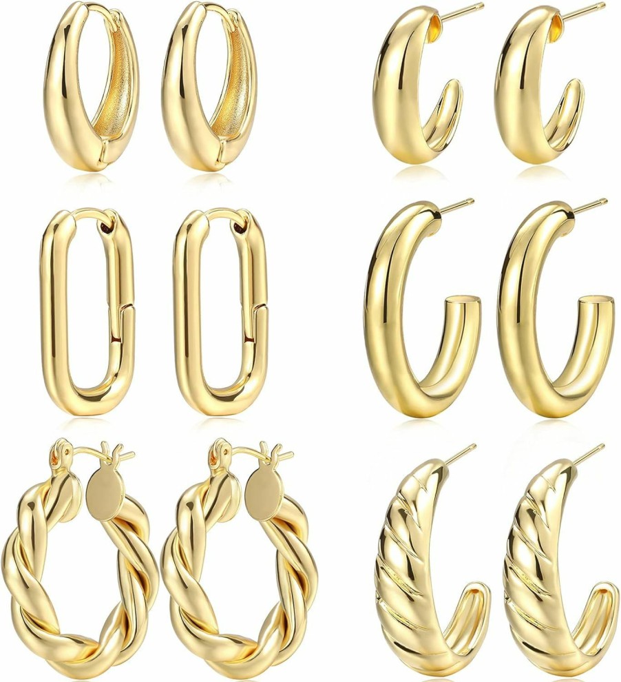 17 MILE Gold Hoop Earrings Set For Women, 6 Pairs 14K Gold Plated Lightweight Hypoallergenic Chunky Open Hoops Jewelry For Gift | Earrings