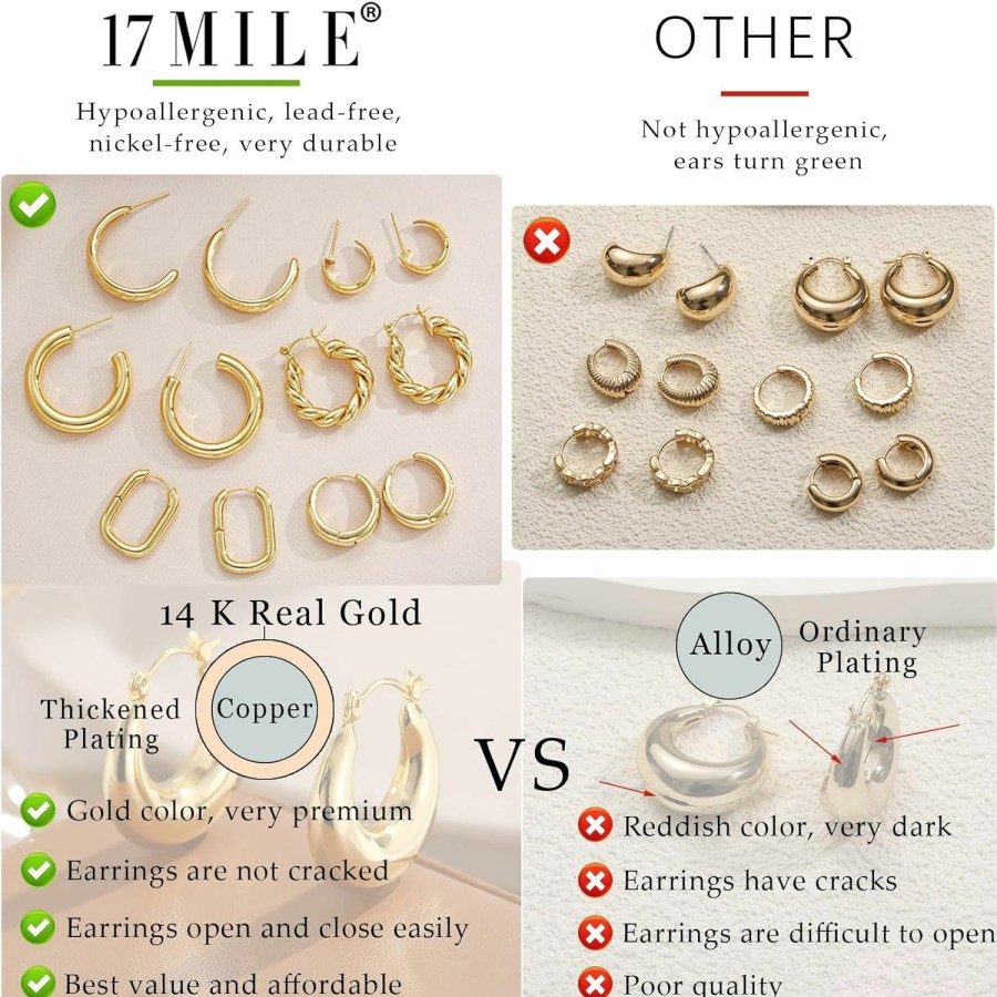 17 MILE Gold Hoop Earrings Set For Women, 6 Pairs 14K Gold Plated Lightweight Hypoallergenic Chunky Open Hoops Jewelry For Gift | Earrings