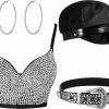 Tisancy 4 Pcs Women'S Rhinestone Diamond Push Up Bustier Crop Top With Rhinestone Belt Chauffeur Hat Rhinestone Hoop Earrings | Earrings