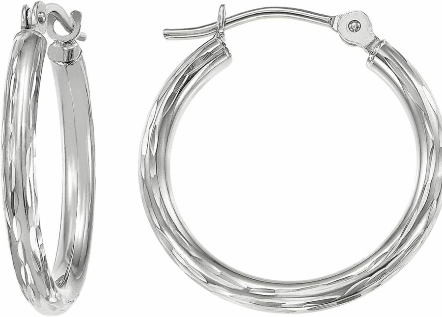 TILO JEWELRY 14K White Gold Hand Engraved Full Diamond-Cut Round Hoop Earrings | Earrings