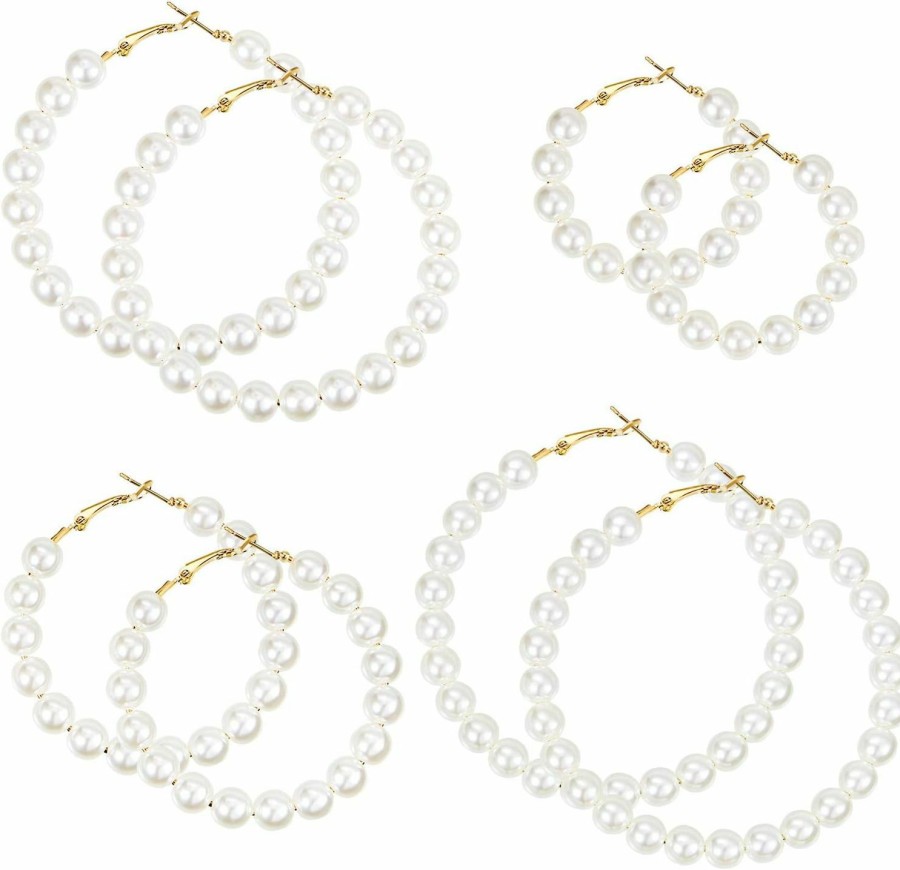 Hicarer 4 Pairs Faux Pearl Hoop Earrings For Women Circle Dangle Drop Earrings Artificial Pearl Beaded Earrings | Earrings